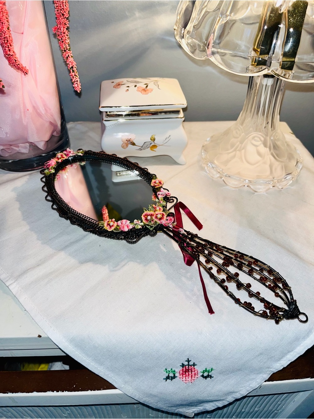 Vintage-Inspired Beaded Hand Mirror in Black with Pink Floral Accents
